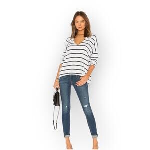 Chaser White Blue Striped Love V-Neck 3/4 Sleeve Side Slit Pullover Hooded Top S